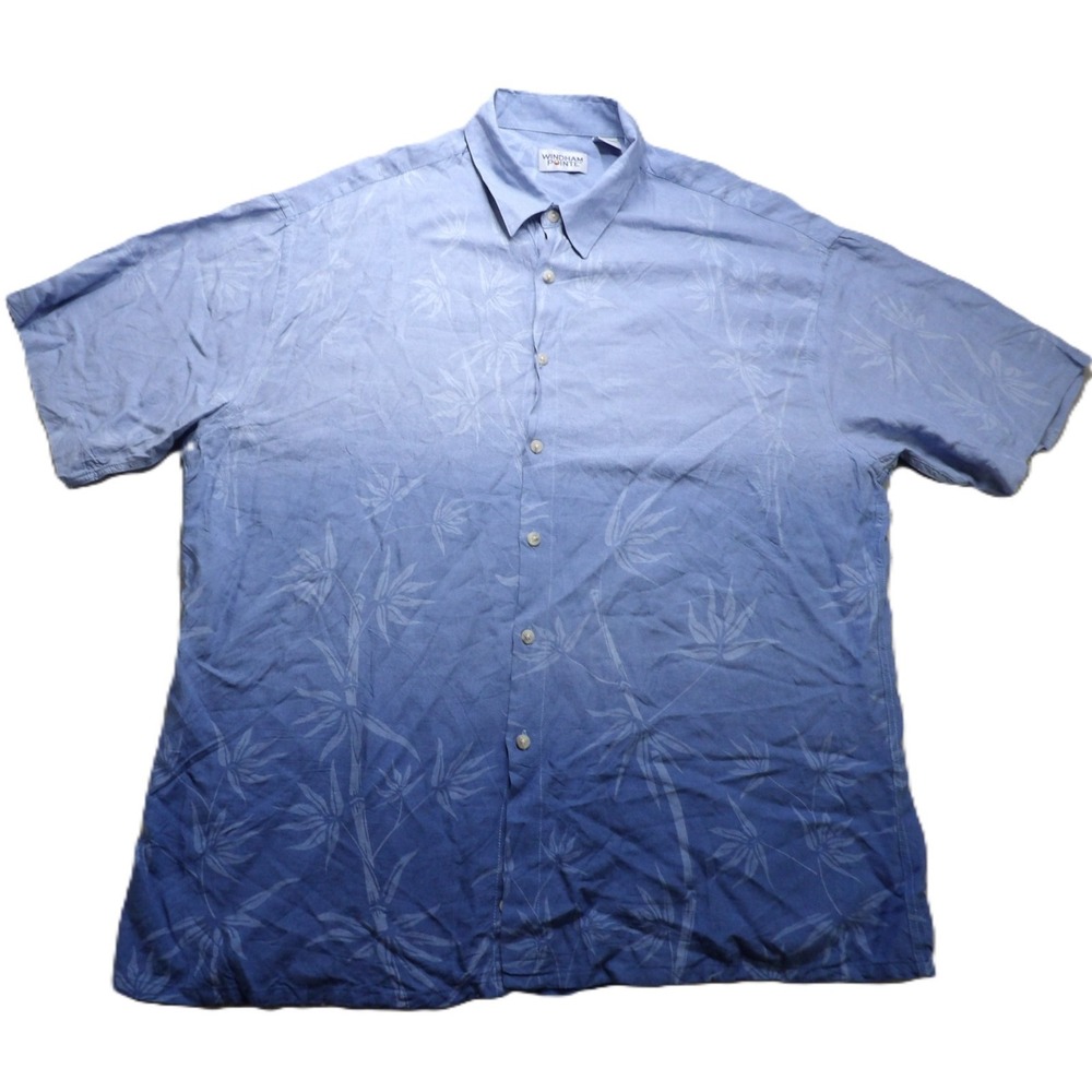 VTG 90s Windham Pointe Men XL Blue Bamboo Printed Rayon Short Sleeve Aloha Shirt